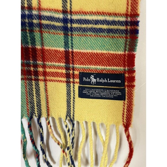 Vintage Ralph Lauren Cashmere Wool Yellow Plaid Tartan Scarf Blue Label, Rare! - Picture 6 of 6